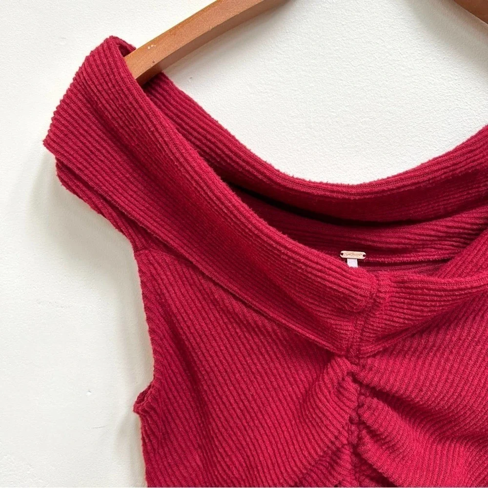 Free People FP This Cutie Red Ribbed Off Shoulder Top, Size Small